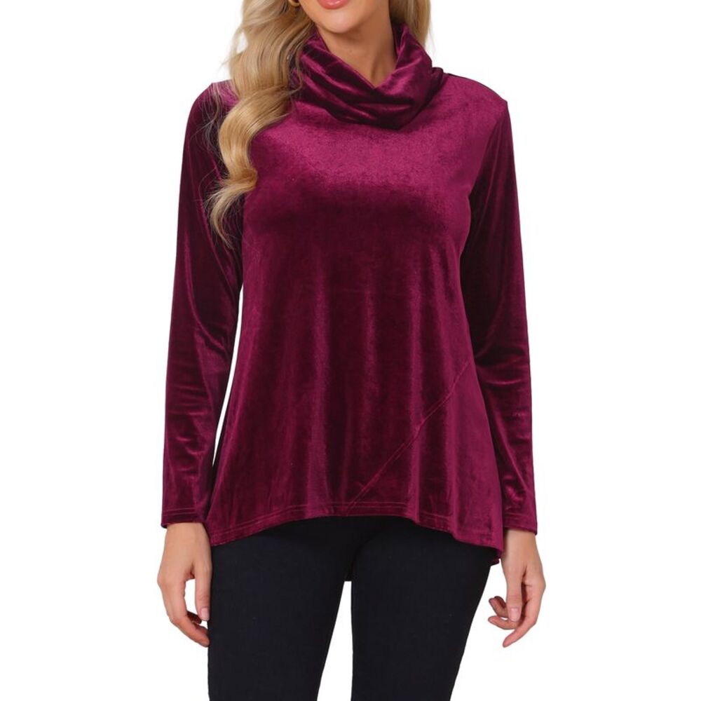 Women's Turtleneck Velvet Top Dressy Casual Velour Tunic Blouse Wine Red